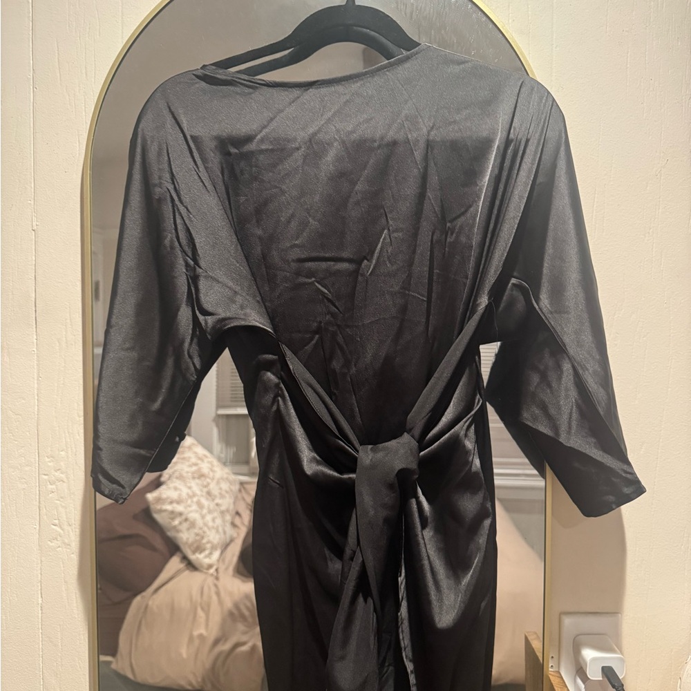 Elegant Black Mini Front Tie Satin Dress